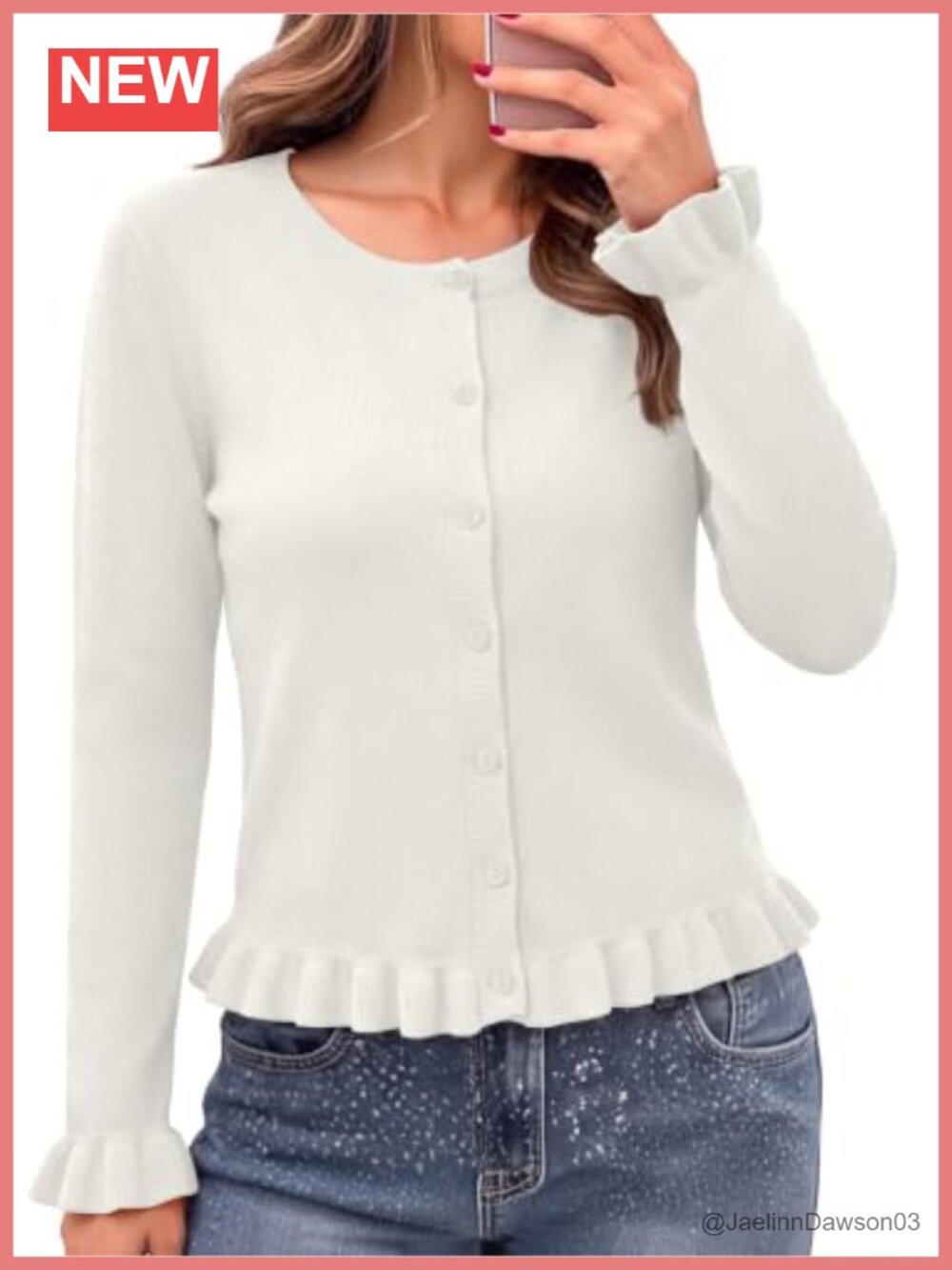 Women's Cropped Ruffle Button Up Knit Cardigan Long Sleeve Crew Neck